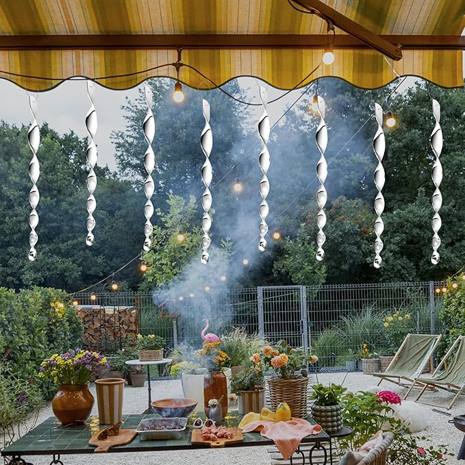 8 Pack Silver Spiral Bird Repellent Reflective Scare Rods, Hanging Plastic Rod Bird Deterrent Device, Glossy Finish Wind Spinner Scare Animals Away Outside Patio Lawn Garden Trees Decorations