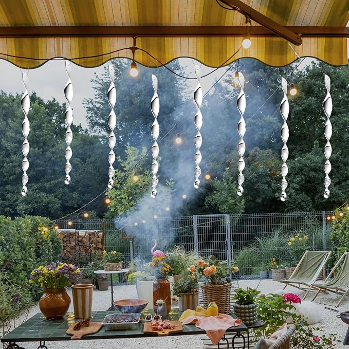 12 Pack Silver Spiral Bird Repellent Reflective Scare Rods, Hanging Plastic Rod Bird Deterrent Device, Glossy Finish Wind Spinner Scare Animals Away Outside Patio Lawn Garden Trees Decorations