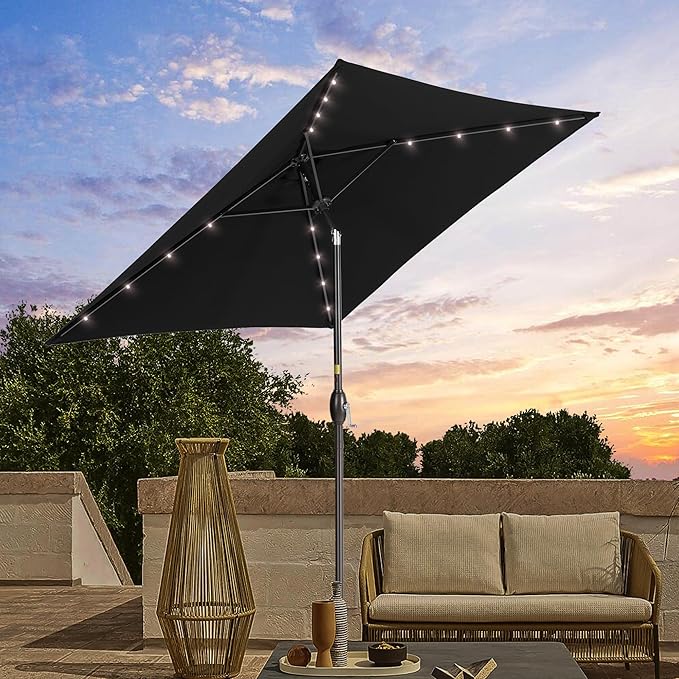 Square Patio Umbrella With Solar Lights, 6.5x6.5ft Square Umbrella Outdoor Patio with Tilt and Crank for Pool, Deck, Garden,Backyard