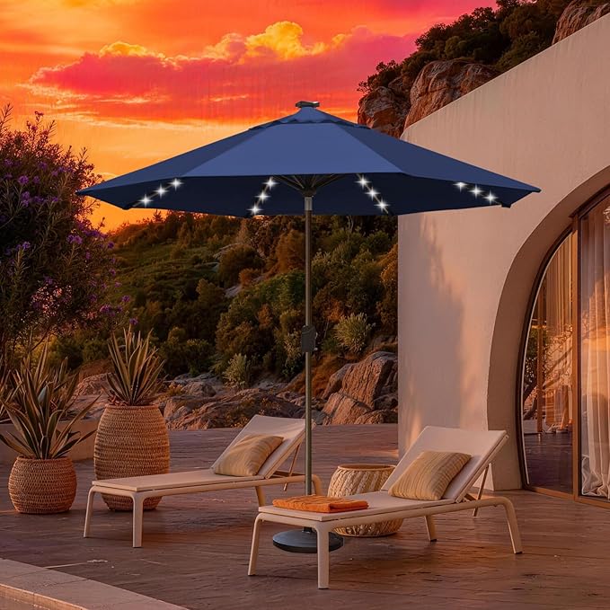 EliteShade USA 10-Year-Non-Fading 10ft Market Patio Umbrella, Commercial Grade Table Sun Umbrella with 80 Solar LED Lights, Crank Open, Windproof & UPF 50+ UV Protection for Garden, Deck, Pool, Backyard, Navy Blue