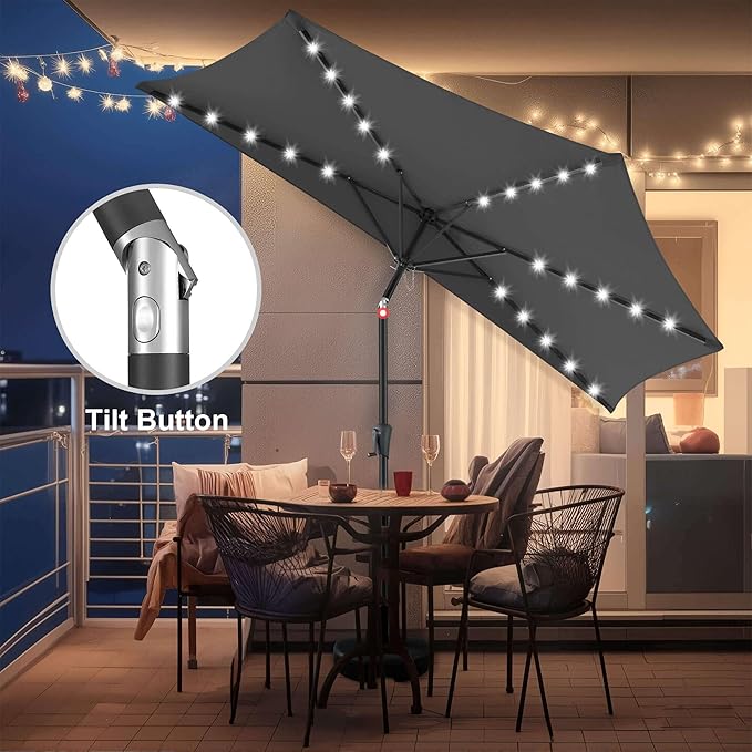 9FT Solar Half Umbrellas Outdoor - LED Half Patio Umbrella with 25 Lights, UV Protection Waterprool, Half Round Umbrella for Wall Balcony, Pool, Porch, Garden, Deck, Backyard, Anthracite