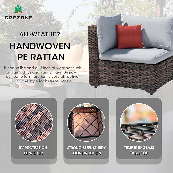 Grezone 7 Piece Patio Furniture Set with Fire Pit Table, Patio Sectional Furniture Sofa Set, Patio Conversation Sets with Cushions and Glass Coffee Table for Garden Lawn Balcony Porch Deck,Grey