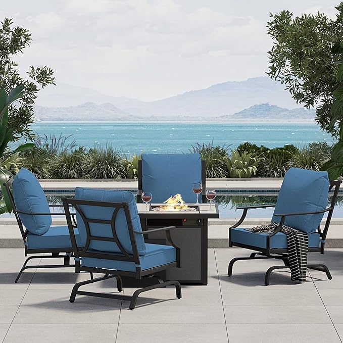 Grand patio 5-Piece Outdoor Furniture Set with 32'' Square Ceramic Tile Tabletop 50,000 BTU CSA Approved Fire Pit,4 Rocking Patio Chairs with Olefin Cushions and Pillows-Peacock Blue