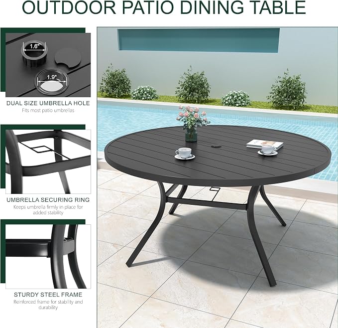 Anmutig 58" Outdoor Patio Round Dining Table, Large Metal Slatted Round Tabletop with Adjustable Umbrella Hole for Deck Lawn Garden Backyard Balcony Deck, Black