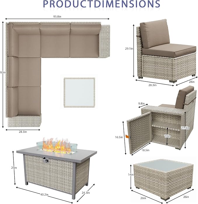 7 Piece Patio Furniture Set with 50,000 BTU Rattan Fire Pit Table that Converts to Coffee Table, 9.8" Wide Arm Sectional Sofa with Storage Armrests, Outdoor Rattan Conversation Set, Khaki