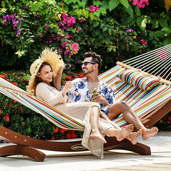Lazy Daze 12FT Sunbrella Fabric Hammock with 13FT Wood Arc Stand, Free Pillow Fits for Two Persons, All Weather and Fade Resistant for Patio Yard, 450 lbs Weight Capacity, Carousel Confetti