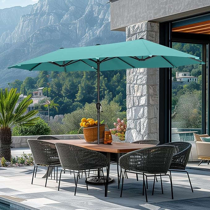 GREEN PARTY 13ft Rectangle Patio Umbrella, Double Sided Outdoor Table Umbrella with Crank & 1.5" Pole, Large Market Umbrella for Poolside Garden Deck Backyard, Turquoise