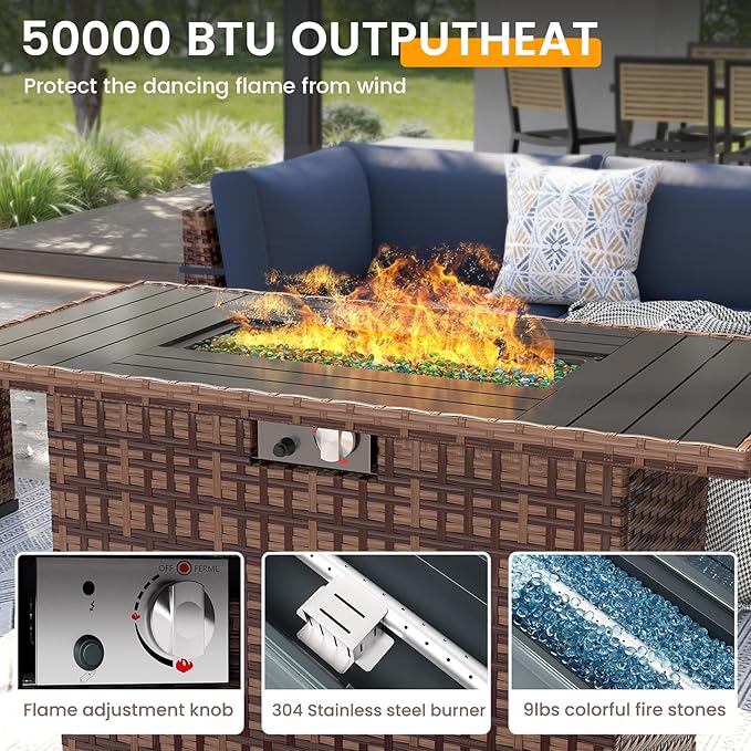 UDPATIO Patio Furniture Set with 44'' Fire Pit Table,Modular Outdoor Furniture Sets,Slanted Back Outdoor Sectional Conversation Set PE Rattan Sofa for Backyard W/Coffee Table,4'' Cushions,8 PCS,Khaki