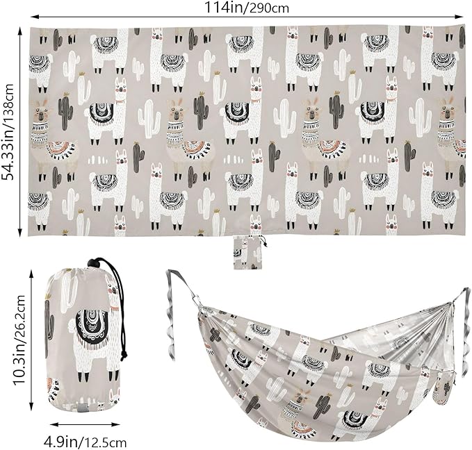 Camping Hammock Outdoor Hammocks for Outside White Llama Beach Trees Portable Lightweight with Pockets Tree Straps Indoor