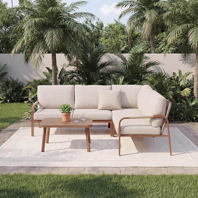4-Piece Aluminum Outdoor Furniture Set with Coffee Table – 2-Seat Sofa with Cushions, All-Weather Metal Frame, Perfect for Patio, Garden, and Balcony,Beige (Beige, Corner Sofa Set)