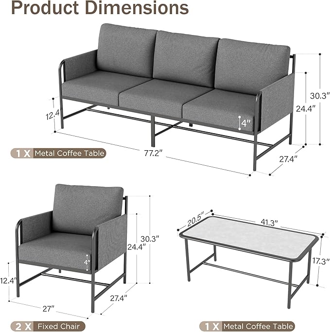 PHI VILLA Patio Furniture Set,Iron Metal Outdoor Furniture Set with Coffee Table, Thick Cushions and Fabric Covered Armrests, Deep Outdoor Sofa for Garden/Porch/Deck（Backyard ICON Collection）