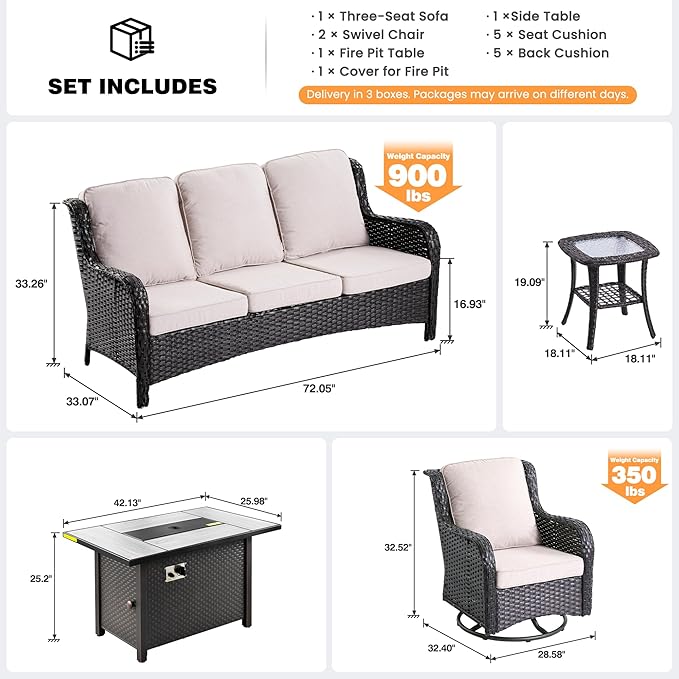 ovios 5-Piece Patio Furniture Set with Swivel Chairs Coffee Table, Outdoor Wicker Sofa with 42" Fire Pit Table, High Back Couch Modern Conversation Sets, Brown/Beige