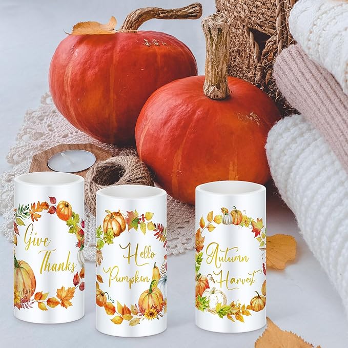 Retisee 3 Pcs Thanksgiving Flameless LED Candles Pumpkin Wreath Battery Operated Candles with Remote Thanksgiving Pumpkin Decor for Table Centerpiece Bedroom Living Room Fall Autumn Decorations