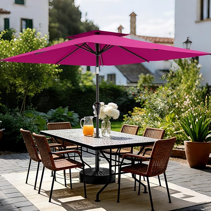 AreShark 6.5'x10' 2 Tiers Rectangular Patio Umbrella - Outdoor Umbrella Waterproof UV Protection, Market Table Umbrella w/Push Button Tilt for Pool, Lawn, Balcony(Rose Pink)