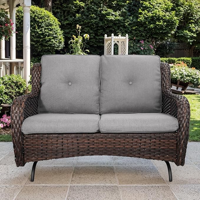 Patio Loveseat Wicker Loveseat Rattan Glider Sofa with Curved Armrest Thicking Back & Seat Cushions for Garden Balcony Backyard Brown Wicker|Grey Cushions (A) Patio Loveseat Glider