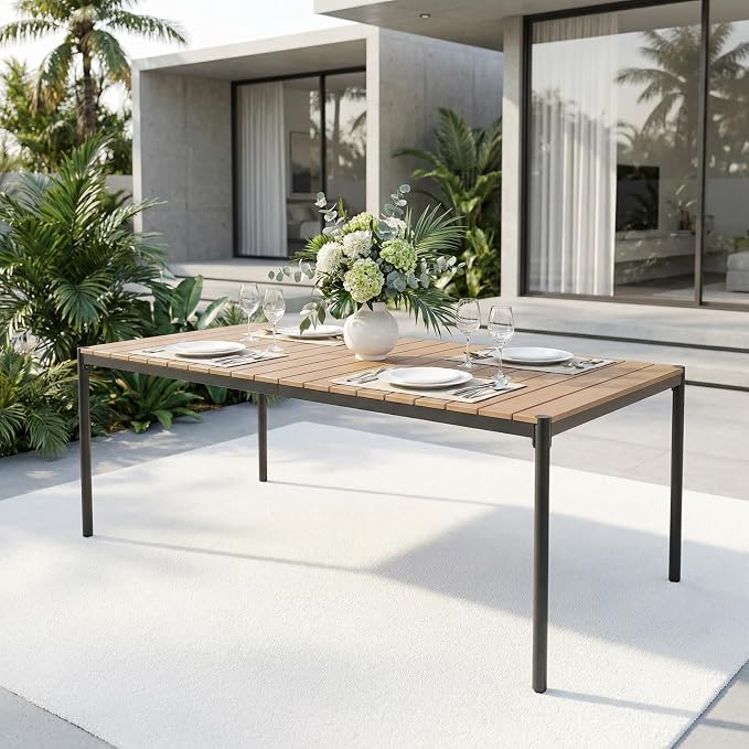 SUNSITT 82.6’’ Metal Outdoor Patio Dining Table, Weather-Resistant Large Outdoor Rectangle Table/WPC Tabletop & Adjustable Feet for 6-8 Person Porch Deck Garden, Black