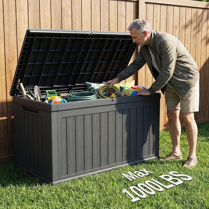 270 Gallon Deck Box, Resin Outdoor Indoor Waterproof Storage Box, Lockable Storage Box With Handle for Patio Furnitures - Garden Tools - Swimming Pool Tools UV - Resistant (Black)
