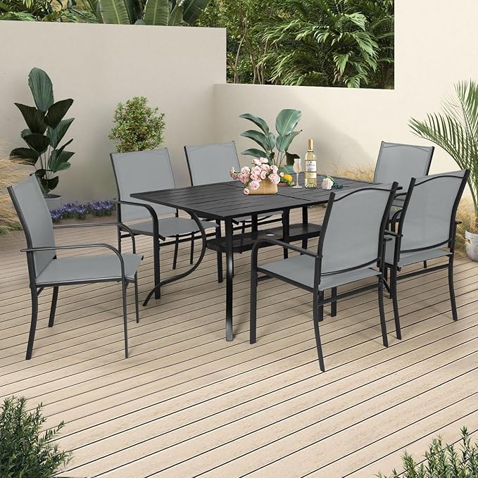 7-Piece Patio Dining Set,6 Person Outdoor Table and Chairs Set, 6 Metal Dining Chairs and Rectangular Outdoor Table with 1.57" Umbrella Hole,Grey