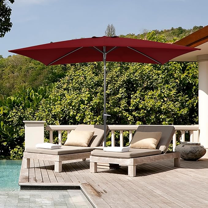 HASLE OUTFITTERS 6.5 x 10 ft Rectangular Patio Umbrella, Outdoor Table Umbrella with Crank & Push Button Tilt, Heavy Duty Ribs, for Patio, Backyard, Garden & Deck, Wine Red