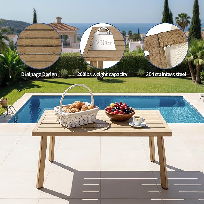 Outdoor Patio Coffee Table, Rectangle Aluminum All-Weather Side Table with Wood-Grain Texture, 200lbs Capacity, Modern Patio Furniture Sets for Garden, Backyard, Porch (Brown)