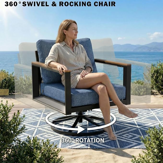 Aluminum Outdoor Patio Furniture Set 7 Pieces, 2 Swivel Rocking Chairs, 3-Seater Bench, 2 Ottomans, Coffee Table & Side Table, Patio Sectional Conversation Furniture Set with Thick Cushions