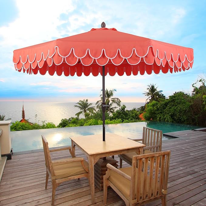 JONATHAN Y Tracy 9 ft. Outdoor Patio Umbrella with Scalloped Edge, Coastal Market Table Umbrella with Crank Lift and Tilt, 8 Sturdy Ribs UV Resistant for Pool, Coral Red, Dark Brown Pole UMB1002A