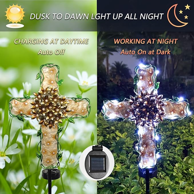COOZZYHOUR 38inch Cross Garden Solar Lights Outdoor Decorative - Solar Metal&Glass Cross Apricot Hydrangea Flower Stake Lights- Waterproof 20 White LED for Remembrance Gifts & Sympathy Gifts