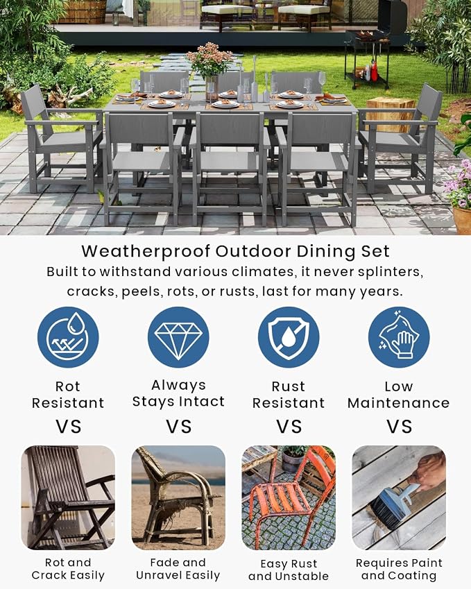 9-Piece HDPE Outdoor Dining Set, Weatherproof Patio Table and Chairs Set for 8, Includes 82.7'' Dining Table and 6 Armchairs, with Umbrella Hole (Grey)