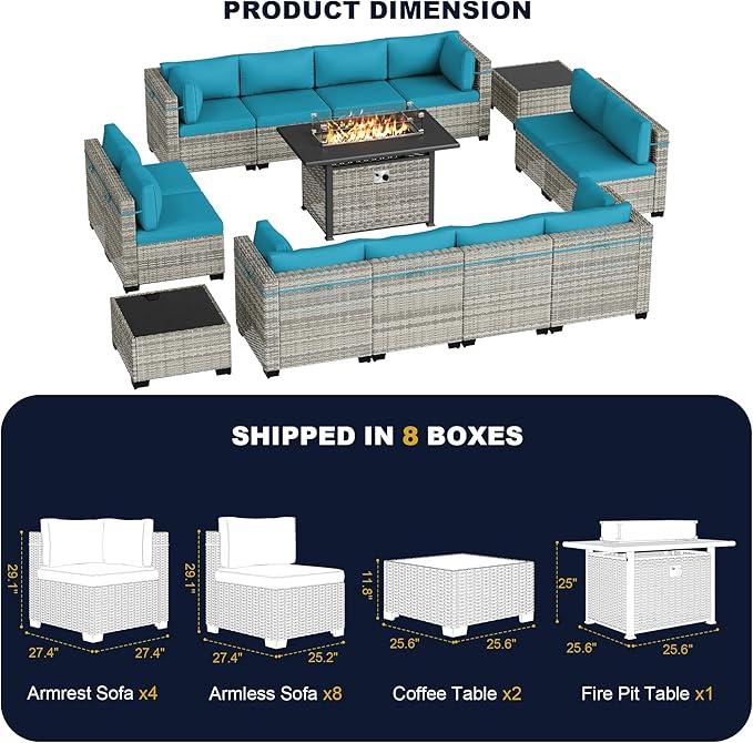 15-Piece Outdoor Patio Furniture Set with 55,000 BTU Fire Pit Table, PE Wicker Rattan Sectional Sofa Conversation Set - All-Weather Garden, Backyard Furniture, Turquoise