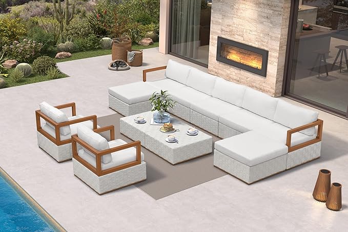 PURPLE LEAF Patio Outdoor Furniture Set 11 Pieces, Premium Leather Outdoor Couch Sectional Sofa, Patio Couch with Olefin Cushions, Patio Conversation Sets for Porch, Balcony, Garden, White