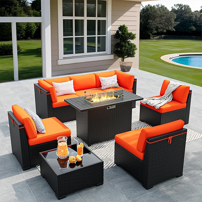 8 Pieces Outdoor Patio Furniture Set with 44" Fire Pit Table Black Rattan Sectional Conversation Sets w/Gas Fire Pit, Coffee Table, 2 Waterproof Covers, Orange