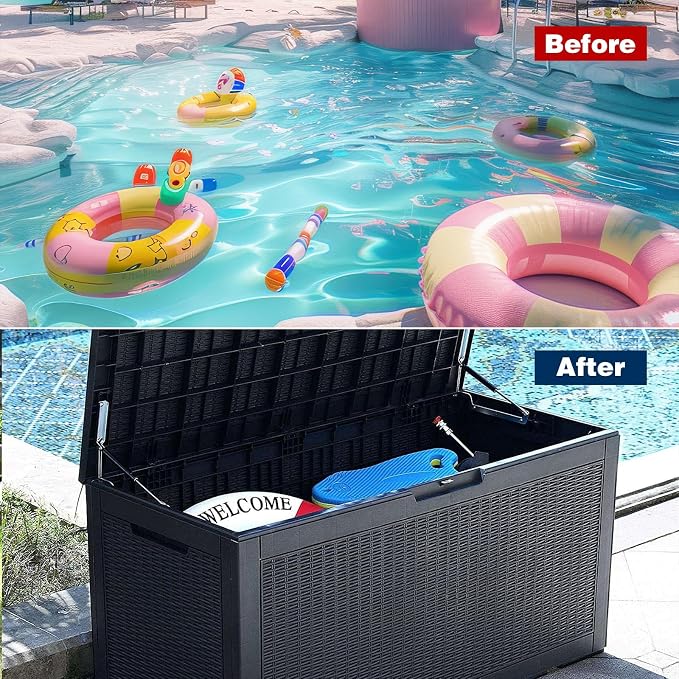 DIKEP 100 Gallon Polypropylene(PP) Deck Box Lockable Outdoor Storage Box for Patio Furniture Cushions, Garden Tools, Pool Supplies | Built-in Handles Waterproof Storage Container, Black