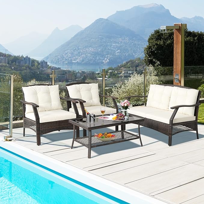 HAPPYGRILL 4 Piece Outdoor Rattan Conversation Set, Patio Rattan Sofa Set with Protective Cover, Soft Seat & Back Cushions, Patio Furniture Set with Sturdy Steel Frame