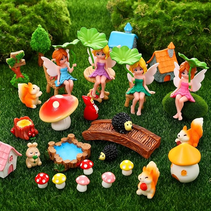 30 PCS Mini Fairy Garden Accessories, Miniature Garden Ornaments Tiny Fairies Figurines Animal Plant Set for Landscape DIY Terrarium Potted Plants Dollhouse Desk Decor