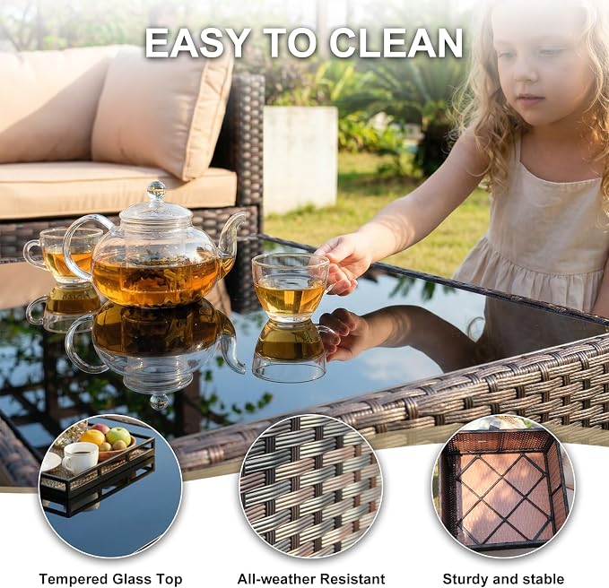 5 Pieces Patio Furniture Set with Glass Table, Outdoor PE Rattan Sectional Sofa with Soft Cushions for Backyard, Porch, and Poolside (Blue, 5 PCS w/Table)