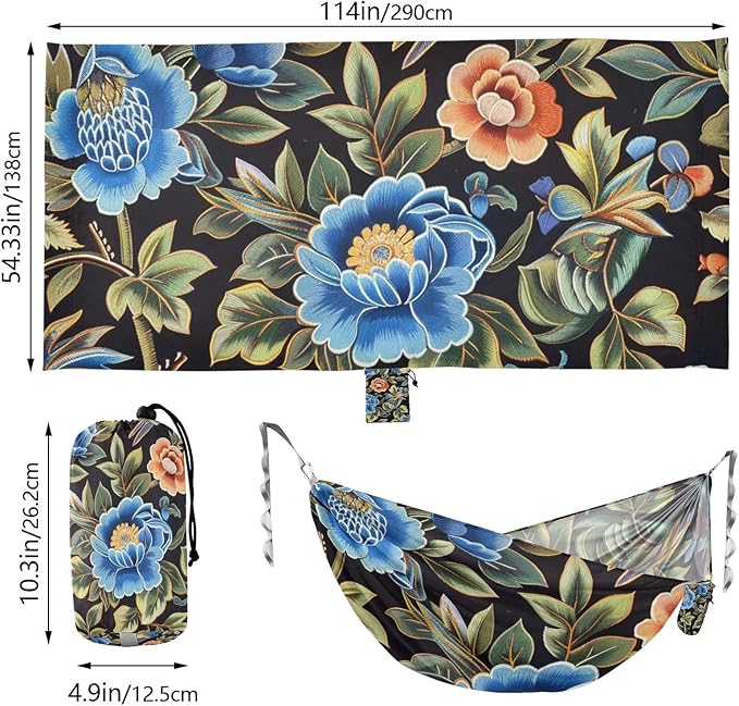 Blue and Pink Vintage Flowers 330lb Capacity Camping Hammocks with Portabl Carry Bag Cloth Hammock for Outside Beach Patio Garden Base para hamacas