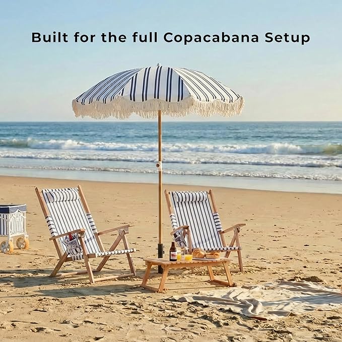 6FT Stripe Fringe Beach Umbrella for Sand with Sand Anchor, UPF 50+ Sun Shade with Tassels, Adjustable Tilt Pole, Portable Coastal Umbrella for Beach & Pool, Heritage Ocean Blue Stripe