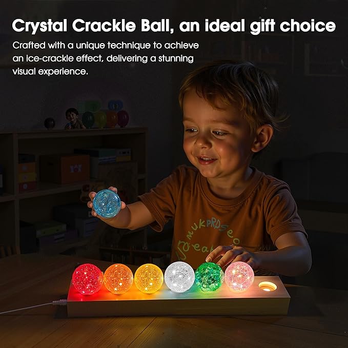 L LOHAS LED 7 Colors 40mm Ice Cracked Balls Crystal Chakra Balls with LED Wooden Base Glass Healing Sphere Balls with Stand Night Light Decoration Quartz for Home Living Room