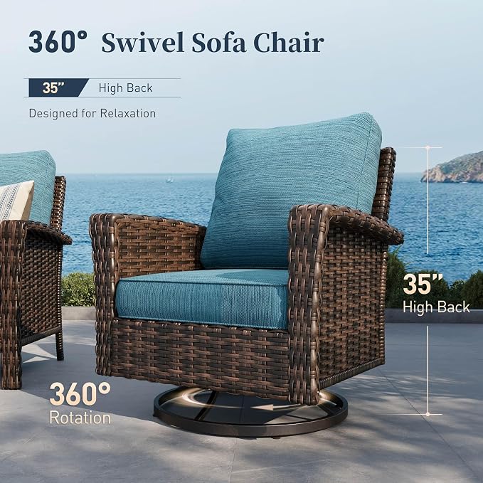 Patio Furniture Set with Swivel Chairs, High Back Wicker Rattan Furniture with 5.5" Thick Cushions & Fire Pit Table, All Weather Outdoor Conversation Set for Backyard Deck, 4 Seats, Blue