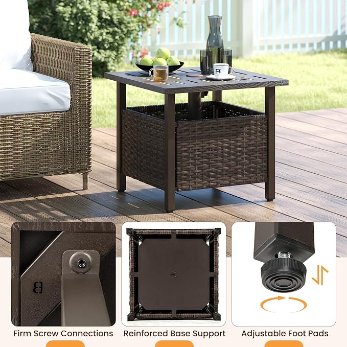 HAPPYGRILL Outdoor Side Table with 1.93" Umbrella Hole, Patio Umbrella Stand with Zinc-Iron Alloy Tabletop, Rustproof Metal Frame, PE Rattan End Table for Deck Garden Yard Poolside (No Sand Bag)