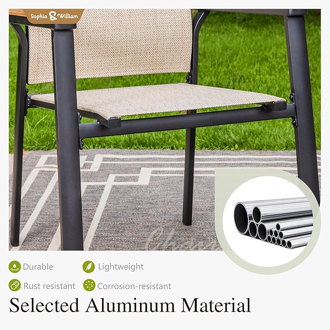 Sophia & William Patio Table and Chairs Set 7 Pieces, 6 Aluminium Patio Dining Chairs with 60" x 38" Metal Dining Table, Stackable and Easy to Move for Outdoor Garden Lawn (Beige)