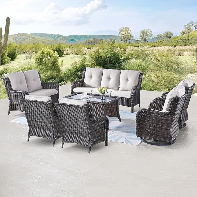 Belord Outdoor Furniture Wicker Conversation Sets - 7 Piece Patio Rattan Furniture Sets with Swivel Rocker Chairs Outdoor Sofa for Porch Deck Backyard Brown/Beige