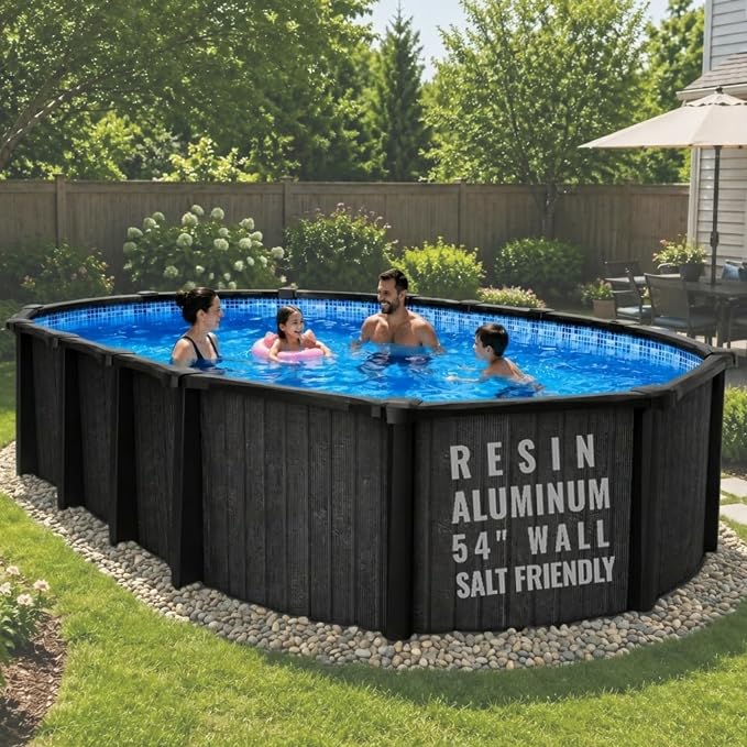 15x30 FT 54-Inch Oval Above Ground Swimming Pool Kit | Saltwater Friendly Aluminum Wall Pool Set with Heavy Duty Premium Resin Top Rails & Uprights | Includes 20 Mil Overlap Liner, Skimmer & Return