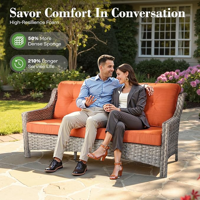 ovios 4 Piece Outdoor Patio Furniture with 3 Seat Sofa,Rattan Wicker Coversation Set with High Back,Sectional Single Sofa with Ottoman for Outside Porch Balcony Backyard Pool, Orange