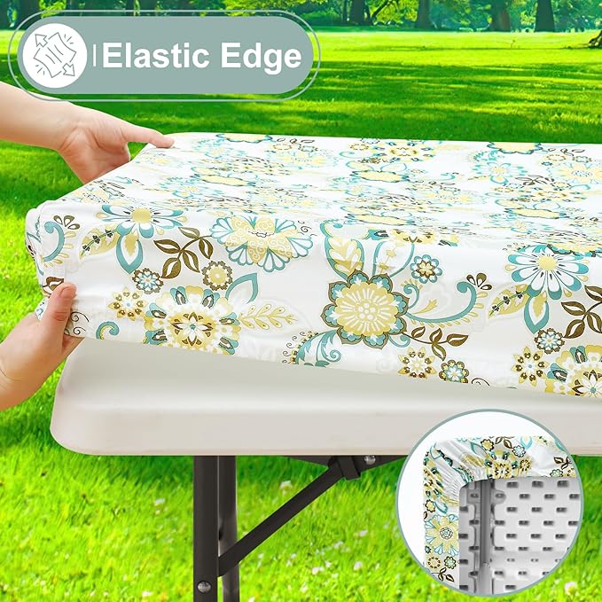 misaya Picnic Table Cover with Bench Cover, Waterproof Elastic Fitted Tablecloth for 6 Foot Tables, Rectangle Washable Polyester Tablecloths for Picnic, Camping, Outdoor (Paisley Flower, 30" x 72")