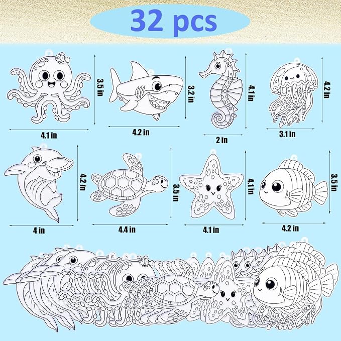 AUEKIV 32 Sets Summer Ocean Beach Suncatchers Window Art DIY Kits Sea Animals Sun Catcher Paint Your Own Crafts Window Hanging Ornaments for Home Activity Art Project Birthday Party Favors