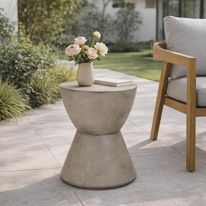Outdoor Side Table Hourglass Concrete Side Tables Travertine End Table Faux Stone Small Coffee Tables for Patio, Garden Stool Plant Stand for Porch, Backyard, 15.25"*18", Waist Drum-Cement