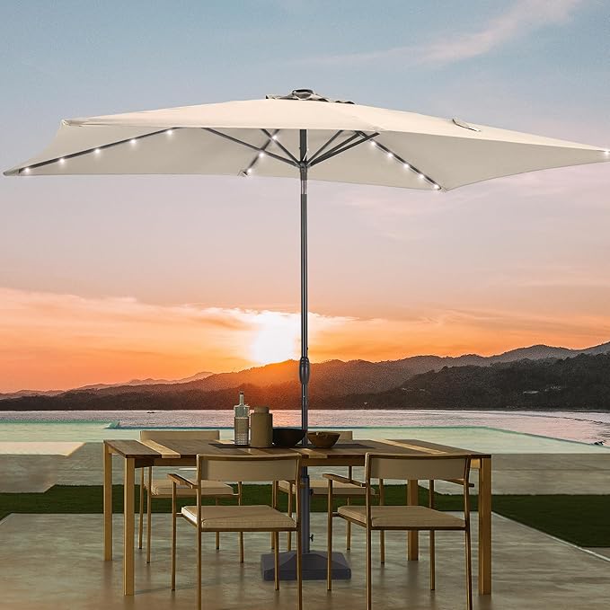 Rectangle Patio Umbrella with Solar Lights, 6x9ft Outdoor Rectangular Table Market Umbrella Patio with Push Button Tilt and Crank for Pool, Deck, Garden,Backyard