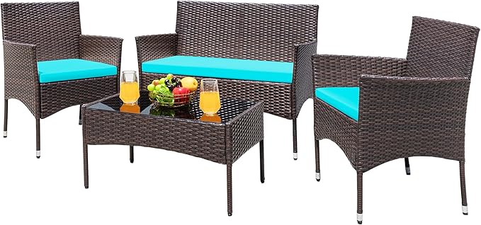 Greesum Patio Furniture 4 Pieces Conversation Sets Outdoor Wicker Rattan Chairs Garden Backyard Balcony Porch Poolside loveseat with Cushion and Glass Table, Brown and Blue