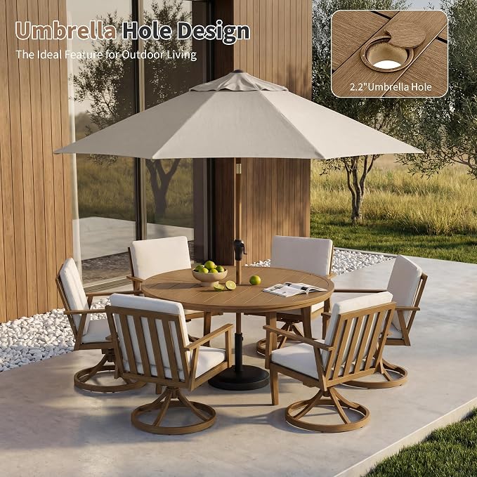 51" All-Aluminum Round Outdoor Dining Table, Modern Faux Wood Grain Patio Table for 6 with Umbrella Hole, Rust-Resistant Metal Dining Table for Garden, Backyard, Poolside & Lawn, Teak